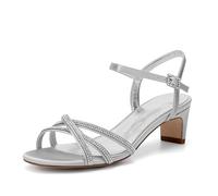 XHLZAAUE Damen Sandaletten mit Blockabsatz Hoher Absatz Offener Zehen Knöchelriemen Sommerschuhe mit Strass,Silber,37 EU