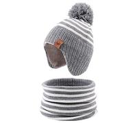 XIAOHAWANG Baby Mütze Winter Klassische Kindermütze Mädchen Jungen Warme Strickmütze mit Pompon Kleinkind Bommelmütze für Outdoor-Aktivitäten (2-4Jahren, Grau(Hut+Schal))