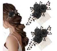 Xiaohui887 2 Stück Haarkamm, mit Blumen, Schwarz, für Hochzeit, Seitenkamm, Blume, Rosa, Schwarz, Strass, Perle, Kopfstück, Vintage, Dekoration, Mädchen, Damen, Haar-Accessoires