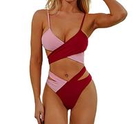 XIAOQENAN 2-teiliges Set mit Bandage für Damen, Push-Up-Badeanzug, hohles Baden-Set, Push-Up-Neckholder, Tanga, hohe Taille, Bügel