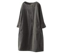 XIMIN Damen Einfarbig Langarm Vintage Cord Kleid Damen Lässig Lose Knielang Kleid mit Taschen M-5XL