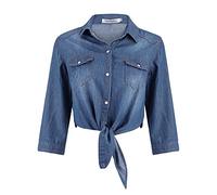 XIMIN Frauen 3/4 Ärmel Button Down Crop Jean Top Jeanshemd Jeansjacken Damen Herbst Winter Lässige Knoten Krawatte Kurze Jeansjacke