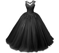 Xinaier Damen Elegante Spitze Tüll Abendkleid Abschlussballkleider Lange Ballkleid Quinceanera Kleider Schwarz Größe 34