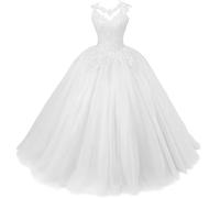 Xinaier Damen Elegante Spitze Tüll Abendkleid Abschlussballkleider Lange Ballkleid Quinceanera Kleider Weiß Größe 46