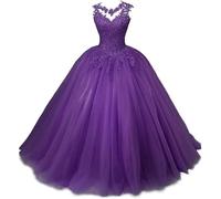 Xinaier Damen Elegante Spitze Tüll Abendkleid Abschlussballkleider Lange Ballkleid Quinceanera Kleider Lila Größe 42
