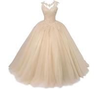 Xinaier Damen Elegante Spitze Tüll Abendkleid Abschlussballkleider Lange Ballkleid Quinceanera Kleider Champagner Größe 58
