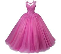 Xinaier Damen Elegante Spitze Tüll Abendkleid Abschlussballkleider Lange Ballkleid Quinceanera Kleider Rose Größe 42