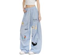Xinor Y2K Karo Baggy Hosen Damen Streetwear Weite Bein Stickerei Relaxed Mode Freizeithose mit Zugbund Blau Karostoff
