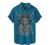 XINTAYEL 3D-Wikinger-Druck-Hemd für Männer lässiges lockeres Strand-Stil-Hemd Mode Vintage-Wikinger-Tattoo-Muster Kurzarm-Hemden Sommer-Revers Streetwear-Oberteil