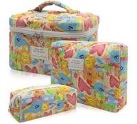 XinXing Gestepptes Make-up-Taschen-Set, 3-teilig, große Kosmetiktasche mit Blumenmuster für Damen, niedliche Baumwoll-Make-up-Taschen, Reise-Kulturbeutel, Herzform: 2, Niedlich