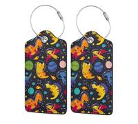 Xiso Ver Gepäckanhänger für Koffer, Dinosaurier im Weltraum, PU-Leder, Sichtschutz, ID-Etikett mit Edelstahlschlaufe und Adresskarte für Reisekoffer, Tasche, 2 Stück