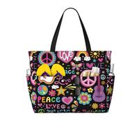 Xiso Ver Große Strandtasche für Damen, extra großes Fassungsvermögen, wasserdicht, sanddicht, geeignet für Schwimmbad, Fitnessstudio, Lebensmittel, Reisen - Peace Love und Dove Flower Power