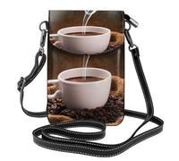 Xiso Ver Kleine Umhängetasche für Damen, Motiv: heiße Kaffeetasse auf Kaffeebohnen, Leder, Handygeldbörsen, Mini-Leder-Schultertasche, Handtasche, verstellbarer Riemen