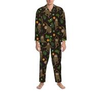 Xiso Ver Schlafanzug-Set für Herren, Motiv: Faultier und Yoga, langärmelig, Loungewear, Knopfleiste, Schwarz, XXL
