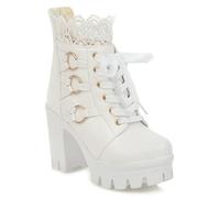 XIUWOUG Damen-Kurzstiefel Für Frühling/Herbst/Winter, Martin-Stiefel Mit Extrem Hohem, Dickem Absatz Und Schnürung, Kurzstiefel in Übergrößen,Weiß,36