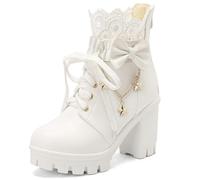 XIUWOUG Damen-Kurzstiefel für Herbst/Winter, mit rundem Spitzenende, massivem Absatz, Schleife, Kettenverzierung, knöchelhohe Stiefel,Weiß,37