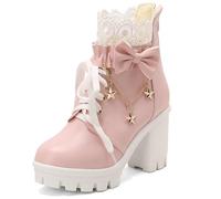 XIUWOUG Damen-Kurzstiefel für Herbst/Winter, mit rundem Spitzenende, massivem Absatz, Schleife, Kettenverzierung, knöchelhohe Stiefel,Rosa,36