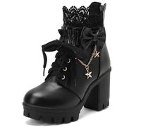 XIUWOUG Damen-Kurzstiefel für Herbst/Winter, mit rundem Spitzenende, massivem Absatz, Schleife, Kettenverzierung, knöchelhohe Stiefel,Schwarz,36