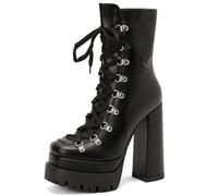 XIUWOUG Damen Martinstiefel Runder Spitz, Stabiler Blockabsatz mit Sohlenhöhe (Platform), Kurze vorn geschnürte Stiefeletten/Niedrige Schuhe,Schwarz,36