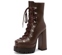 XIUWOUG Damen Martinstiefel Runder Spitz, Stabiler Blockabsatz mit Sohlenhöhe (Platform), Kurze vorn geschnürte Stiefeletten/Niedrige Schuhe,Braun,37