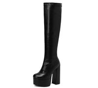 XIUWOUG Damen Stiefel, Herbst/Winter-Stiefel mit massivem hohen Absatz, schlank machender Plateau-Sohle, mittelhohe Reitstiefel bis zum Knie,Schwarz,36