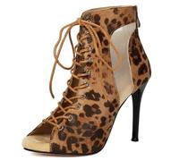 XIUWOUG Damen Stiefeletten Mit Stiletto Absatz, Fischmund Peep Toe Design, Netz Durchbruch Und Schnürung, Kurze Stiefel Für Jazz-Tanz,Leopard Print,36