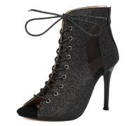 XIUWOUG Damen Stiefeletten Mit Stiletto Absatz, Fischmund Peep Toe Design, Netz Durchbruch Und Schnürung, Kurze Stiefel Für Jazz-Tanz,Schwarz,43