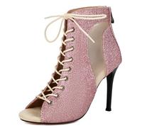 XIUWOUG Damen Stiefeletten Mit Stiletto Absatz, Fischmund Peep Toe Design, Netz Durchbruch Und Schnürung, Kurze Stiefel Für Jazz-Tanz,Rosa,40