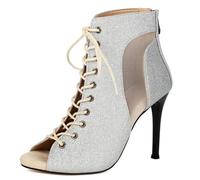 XIUWOUG Damen Stiefeletten Mit Stiletto Absatz, Fischmund Peep Toe Design, Netz Durchbruch Und Schnürung, Kurze Stiefel Für Jazz-Tanz,Silber,38