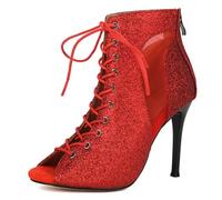XIUWOUG Damen Stiefeletten Mit Stiletto Absatz, Fischmund Peep Toe Design, Netz Durchbruch Und Schnürung, Kurze Stiefel Für Jazz-Tanz,Rot,36