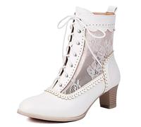 XIUWOUG Damen-Wanderstiefel, Schnür-Stiefeletten, wasserdichte Schwarze Combat-Boots mit Schnürung, Seitenreißverschluss und Niedrigem Absatz,Weiß,39
