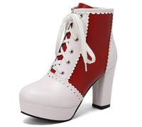 XIUWOUG Damen-Zweifarben-Kurzstiefel mit dickem, hohem Absatz, Prinzessinnen-Stil, Große Größe, Modische, von Martens inspirierte Stiefel für Teenager-Mädchen,Rot,46