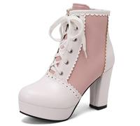 XIUWOUG Damen-Zweifarben-Kurzstiefel mit dickem, hohem Absatz, Prinzessinnen-Stil, Große Größe, Modische, von Martens inspirierte Stiefel für Teenager-Mädchen,Pink White,46