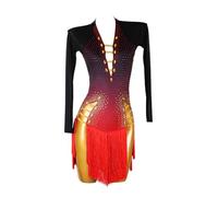 XIUWOUG Latein Tanzkleid Professionell Für Damen Moderne Kleid Langarm Cha Cha Salsa Leistung Tanz-Outfit Tanzkleider Rock Für Rumba Samba,Black red,XXL