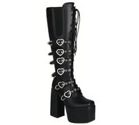 XIUWOUG Plateau-Stiefel für Damen bis zum Knie, Herbst/Winter-Stiefel mit quadratischer Spitze, stabilem, ultrahohen Absatz, vorn geschnürtem Martin,A,36