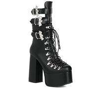 XIUWOUG Stiefel Mit Stabilem, Dickem Absatz Und Dicker Sohle Bis Zum Knie, Lackleder-Stiefel Schwarz Mit Quadratischer Spitze Und Gürtelschnalle, Warme,A,37