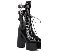 XIUWOUG Stiefel Mit Stabilem, Dickem Absatz Und Dicker Sohle Bis Zum Knie, Lackleder-Stiefel Schwarz Mit Quadratischer Spitze Und Gürtelschnalle, Warme,B,46