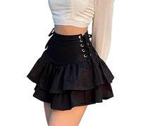 XIWUKOD Damen Mädchen Hohe Taille Plissee Minirock Einfarbig Schuluniform Skater Tennis Schwarz Cross Rock Punk Goth Shorts mit Gürtel, Stufenrock, Mittel
