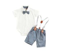 XIXIMAON Baby Jungen Anzug Gentleman 2pcs Kleidung Set Neugeborene Bekleidungssets Sommer Kurzarm Strampler Hemd Body mit Fliege + Hosenträger Shorts für Taufe Hochzeit Festliche (Blau, 18-24 Monate)