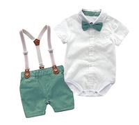 XIXIMAON Baby Jungen Anzug Gentleman 2pcs Kleidung Set Neugeborene Bekleidungssets Sommer Kurzarm Strampler Hemd Body mit Fliege + Hosenträger Shorts für Taufe Hochzeit Festliche (Grün, 12-18 Monate)