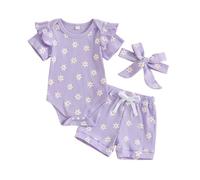 XIXIMAON Baby Mädchen Sommer Outfits Rüschen Kurzarm Rundhals Strampler Elastische Taille Shorts Stirnband 3pcs Schleife Print Neugeborene Gerippte Baumwolle Kleidung, violett, 50
