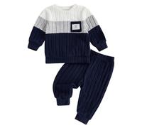 XIXIMAON Baby-Set für Jungen, 2-teilig, Winterkleidung, warm, Strickpullover, Sweatshirt, gestreift, Loungesärmel + Hose, Kontrastfarbe, elastischer Bund, Marineblau gestreift, 6-12 Monate