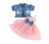 XIXIMAON Baby-Sommer-Outfits für Mädchen, Schleife, ärmellos, Tüllrock, gepunktet, Schmetterling, Blumenmuster, Puffy, kurzärmelig, Mantel, Kleid und Strickjacke, Set für Kinder, Frühlingskleidung
