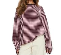 XIXIMAON Gestreiftes Damen-Sweatshirt, Oversize, Langarm, Rundhalsausschnitt, Sweatshirt, lässig, Tops, Herbst und Winter, Y2K Streetwear, Rosa / Braun gestreift, Farbblock, 36