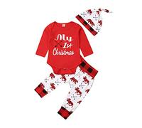 XIXIMAON Neugeborenes Baby Jungen Mein Erstes Weihnachten 2 Stück Set Weihnachten Outfits Langarm Body Strampler Weihnachtsmann-Print Streifen/Plaid/Bären Print Hose Hut (Rot 3, 0-3 Monate)