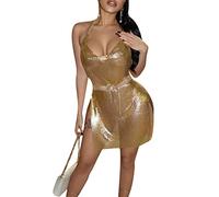 XIXIMAON Sexy Minikleid, für Damen, mit Pailletten, rückenfrei, tiefer Ausschnitt, kurzes Kleid, Schlitz, Clubwear, D-Gold, Large