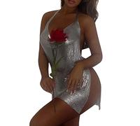 XIXIMAON Sexy Minikleid, für Damen, mit Pailletten, rückenfrei, tiefer Ausschnitt, kurzes Kleid, Schlitz, Clubwear, D - Silber, Small