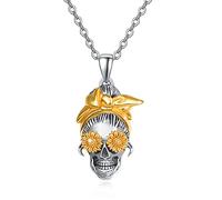 XIXLES Totenkopf Halskette aus 925er Sterling silber 3D Sonnenblumen Schädel Anhänger geprägter Punk Skelett Charm feiner Gothic Schmuck Geschenk für Männer Frauen Halloween Weihnachts Tag