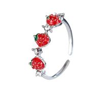 Xjdzineq Flexible Größe, Erdbeer-Zirkonia-Ringe, Metallschmuck für Schicht-Outfits, Freunde, Teenager, Mädchen, Kristall-Erdbeere, verstellbar, offener Wickelring