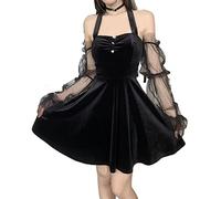 XKBHYD Partykleid Damen Gothic Kleid Samt Neckholder Cold Shoulder Minikleid Transparente Langarm Puffärmel Rückenfrei Sexy Halloween Kostüm